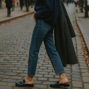 Vionic Georgie Navy Leather Chain Slip-On Mules Size 8.5